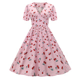 Print Women Vintage Flare Dress Rockabilly 50s Party Robe De Cocktail Pink Jurken Hepburn Retro Swing Dresses