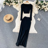Zingj Ripe Wind Two Sets Female Summer Temperament Short Long Sleeve T Shirt Top High Waist Slim Slit Hip Long