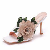 Cm Square Head High Heel Sandals Slippers Wine Glasses And Temperament Embroidered Flowers Women's Shoes White Fish Mouth Light