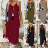 Fashion Casual Solid Lace Patch Work Midi Women's Dress Summer Sexy Spaghetti Straps Deep V Neck Split Dresses