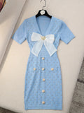 Summer New Knitted Dress Women V-neck Short Sleeve Single-Breasted Bow Beaded Diamonds Dress High Waist Slimming Mini