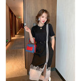 Women Lace Dress Summer 2020 Fashion Short Sleeve Striped Patchwork Zipper Loose Dresses S-3XL Women T-Shirt Dress