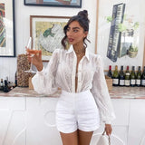 Fashion Crochet Lace Shirts Long Puff Sleeve Casual Flower Embroidery Buttons Down Blouse Tops Office