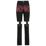 Emo Punk Lace Up Baggy Jeans Women 90S Goth Black Pants Streetwear Pockets Patchwork Wide Leg Cargo Jeans Low Waist