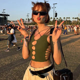 2022 Long Sleeve Crop Top See Through Brown Y2K Beach Casual 90s Sexy T Shirts Women Black Bandage Summer Tee