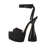 Onlymaker Women Peep Toe Sandals Black Flock Platform Ankle Strap High Heel Shoes Female Big Size Party Dress Sexy