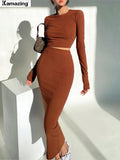 Women Sexy Skirt Set Casual Long Sleeve Top & Slim Midi Skirt Two Piece Set Streetwear Autumn Female