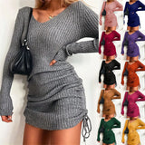 Knitted Sweater V Collar Long Sleeve Autumn And Winter Sexy Body Threaded Skirt Folding Drawstring
