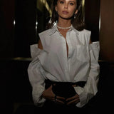 Zingj Women's Fashion Long Sleeve Lapel White Shirt 2023 Summer New Off-Shoulder Loose Shirt Top-Outfit