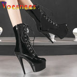 Autumn Modern Women Shoes Boots Sexy High 17 20 CM Round Toe Female Pole Dance Shoes Nightclub Zipper Lace-up Black Roman