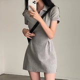 Zingj Chic Spring Retro Niche Lapel Slim Slim Pure Color Short Sleeve Short Package Hip Dress Short