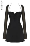 Sexy Bandage Hollow Mesh Mini Dress for Women Night Club Party Bodycon Dress Low Cut Halter Solid Long Sleeve Pink