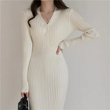 Zingj Autumn Mid-Length Skirt Temperament V-Collar Light Ripe Apricot Trim Skirt Knitting Stretch Thin Buttocks Wool
