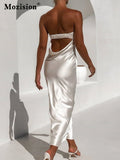 Satin Basic Strapless Midi Dress For Women Gown Summer New Hollow Out Sleeveless Backless Bodycon Party Club