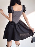 Bandage y2k Pleated Dress Retro Corset Patched A-Line Sundress Women Zipper Short Sleeve Korean Elegant Dress