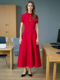 French Simple Style Slim Dress 2025 New Metal Decoration Polo Collar Solid Color Long Dress