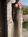 Flower Bohemian Beach Long Dresses Summer Chic Spaghetti Straps Princess Fairy Vestidos Women Elegant Mesh Party