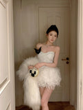 Girl Sexy Hot Diamond Slim Fit Lace-up Dress Women's Autumn/Winter Spliced Feather Strapless Bottom Dress Female