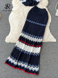 New Summer Beach Knitted Two Pieces Suits Loose T Shirt+Long Skirt Sets High Street Elastic Waist Striped Casual