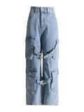 Zingj 2024 New Fashion Retro Multi-Pocket Design Sense Strap Jeans Women's Straight Tube Casual Versatile
