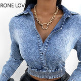 Women Button Design Long Sleeve Denim Crop Top Casual Blouse Long Sleeve Top Women Tops and