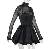 Black Turtleneck Sheer Long Sleeve Satin Mini Dress- Outfit