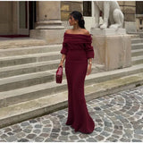 Burgundy Off Shoulder Fold Knit Midi Dress- Outfit