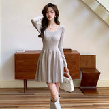 Zingj Collar Long-Sleeved Knitted Dress Women's Autumn 2024 New French Slim A-Shaped Pleated Bottom