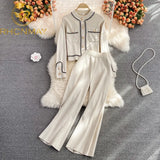 New Women Knitted Outfits Long Sleeved Casual Sweater Coat Tops + Wide-Leg Pants Fashion Tracksuit Two-Piece