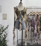 French Retro Oil Painting Wind Dyed Lotus Leaf Side Sling T-Shirts Long Sleeves Drifting Coat