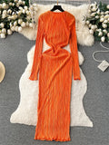 Solid Pleated Long Dress O Neck Full Flare Sleeves HIgh Elastic Female Skinny Fashion Autumn Retro Bodycon Party