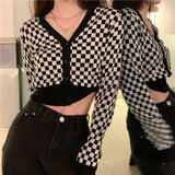 Vintage Black Plaid Knit Sweater Women V-neck Long Sleeve Crop Tops Checkerboard Y2k Ladies Sexy Cardigan