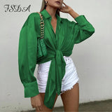 V Neck Elegant Satin Women Blouse Top Green Sexy Bow Tied Oversized 2021 Long Puff Sleeve Casual Vinatge Tops