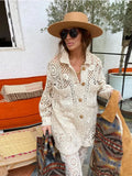Women's Floral Hollowed Out Crochet Knitted Shirt Fashion Lapel Single Breasted Outwear 2024 Summer High Street Sweater