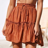 Summer Boho Pleated A Line Skirt Women Vintage Short Skirts Casual Ruffled Mini Skirt with Sashes Holiday Beach
