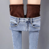 Jeans Pants For Women Plus Size Winter Blue Light blue Solid Skinny Fleeces Thick Pencil Pants with Velvet Denim