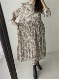 Spring Women New Floral Chiffon Dress Casual Pleated Woman Dress Fashion Ladies Womens Print Long Sleeve