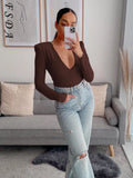 Deep V Neck Autumn Winter Long Sleeve T Shirts Women Brown Y2K Basic Sexy Top Shirt Casual 90s Vintage Fashion