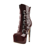 Onlymaker Women's Round Toe Wine Red Platform Side Zipper Thin Heel Thick Heel Short Boots Fashion Lady Booties Big