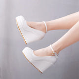 Bottom Heel Single Shoe With White Round Head Waterproof Table Slope Heel Wedding Shoes Pine