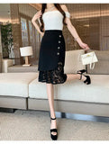 Black Lace Patchwork High Waist Pencil Skirt- Outfit