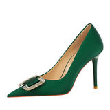 Zingj Fashion Banquet High Heels Fine Heel Shallow Pointed Satin Metal Water Diamond Buckle Single Shoe