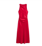 2025 New Fashion Round-Neck Sleeveless Black Silk-Sense Tidling Dress