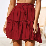 Summer Boho Pleated A Line Skirt Women Vintage Short Skirts Casual Ruffled Mini Skirt with Sashes Holiday Beach