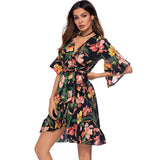 Boho Short Mini Dress Summer Floral Printed V-Neck Bow Knot Beachwear Sundress Ladies Short Sleeve Ruffles Loose