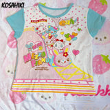 Japanese Kawaii Crop Top Cartoon Print Harajuku Patchwork Lolita T-shirt Women Y2k Aesthetic Slim Tee Vintage Fairy