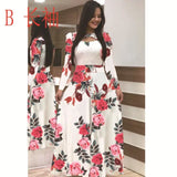 Summer New Elegant Women's Maxi Dress Bohmia Casual Flower Print Robe Fashion Hollow Out Ladies Short Sleeve Dress