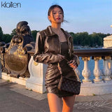 Fashion Casual Turn-down Collar Zipper Slim PU Leather Coat For Women Streetwear Short Jacket Solid Black Y2K
