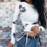 Dye Print Ribbed Women T Shirt Crop Top Bandage Long Sleeve Sexy Streetwear Summer Clothes