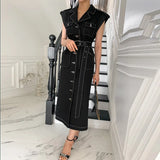 Elegant Notched Collar Dress Women Summer Casual Safari Style Single Breasted Belt Slim Waist Pocket Dresses